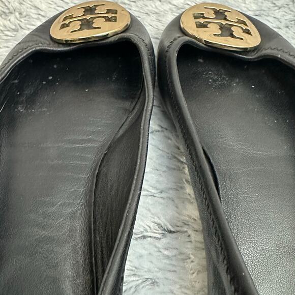 Tory Burch Minnie Ballet Flats Black Leather Gold Circle Logo Size 7M Loafers - Picture 8 of 13